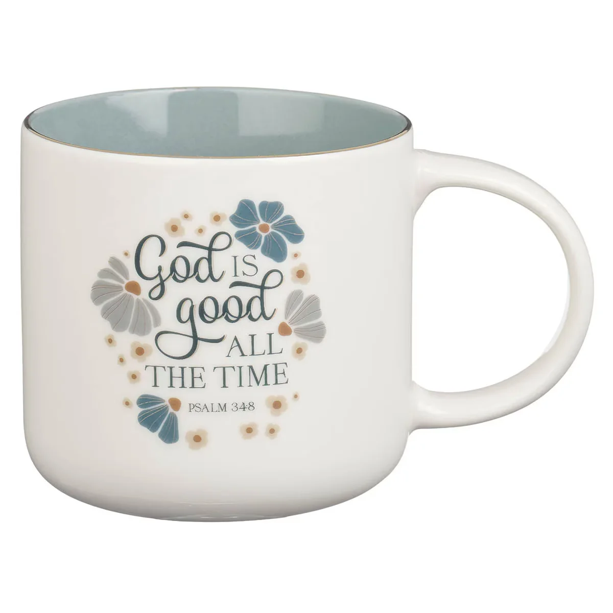 God Is Good All The Time Teal Floral Ceramic Coffee Mug – Psalm 34:8