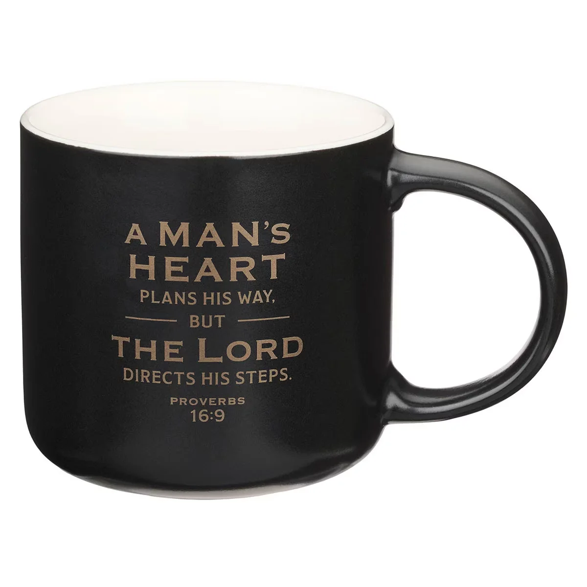 A Man’s Heart Black Ceramic Coffee Mug – Proverbs 16:9