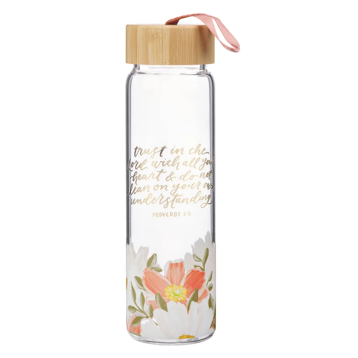 Trust in the Lord Orange Floral Glass Water Bottle with Bamboo Lid – Proverbs 3:5