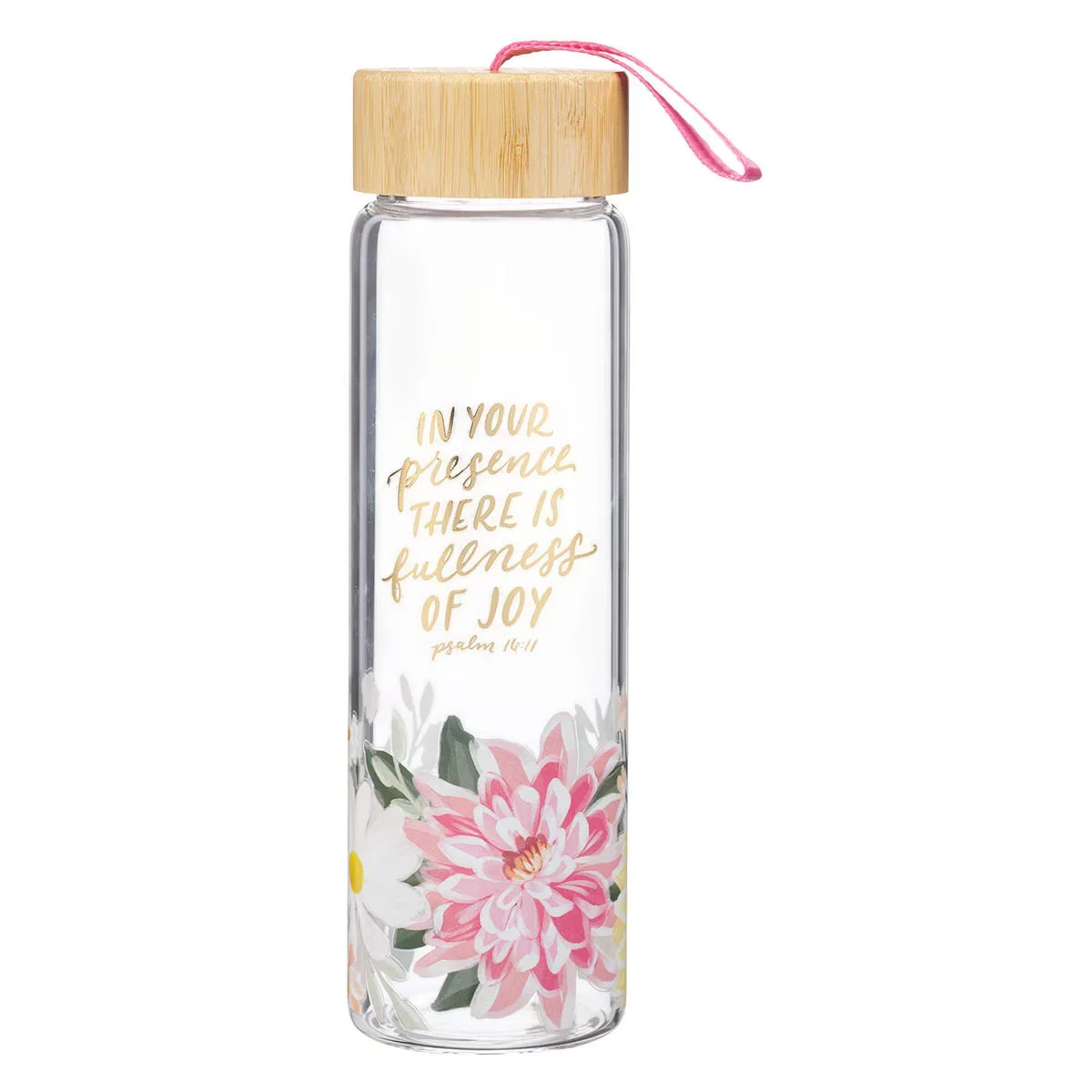 Fullness of Joy Pink Floral Glass Water Bottle with Bamboo Lid – Psalm 16:11
