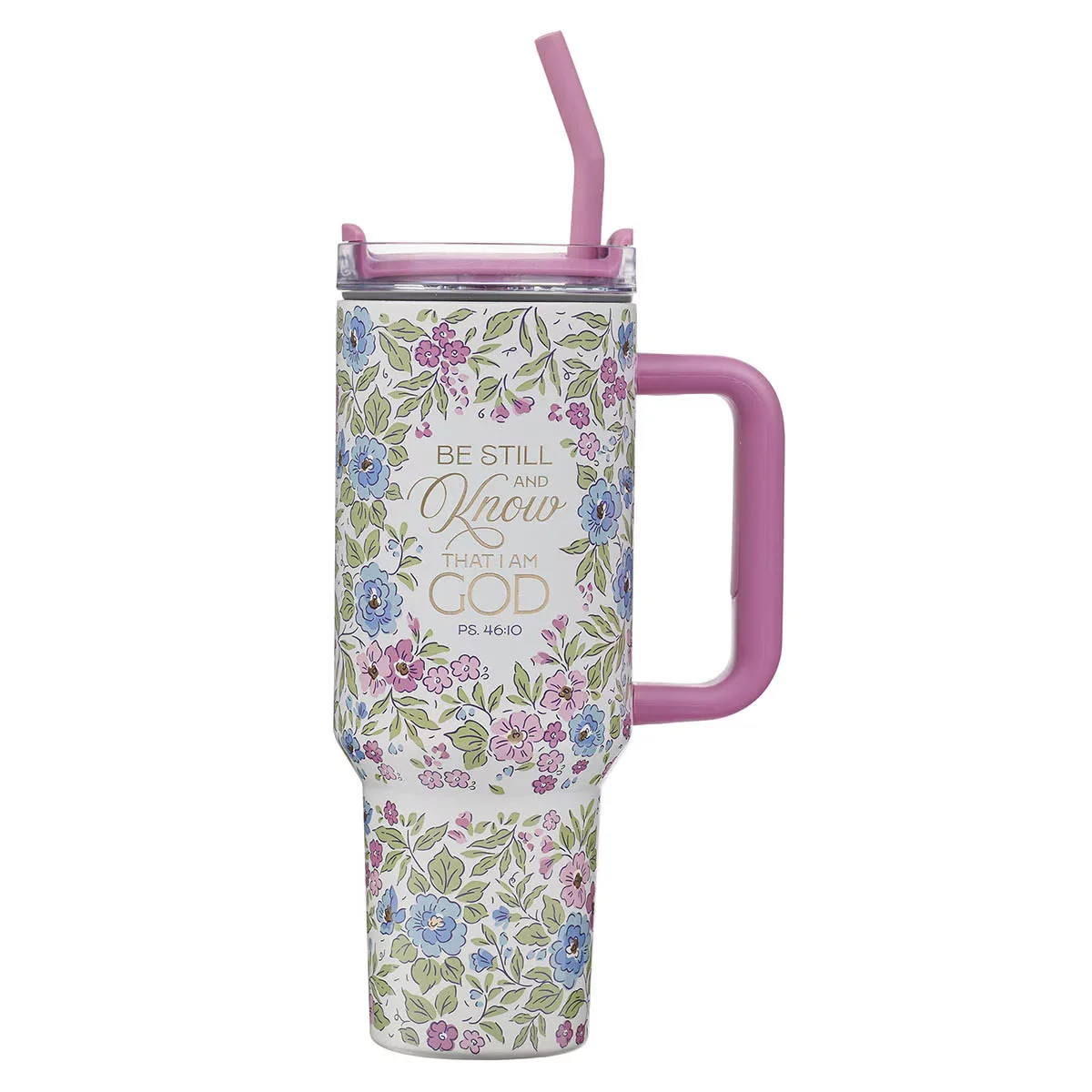 Be Still and Know Purple Floral 40 oz Stainless Steel Tumbler with Straw – Psalm 46:10
