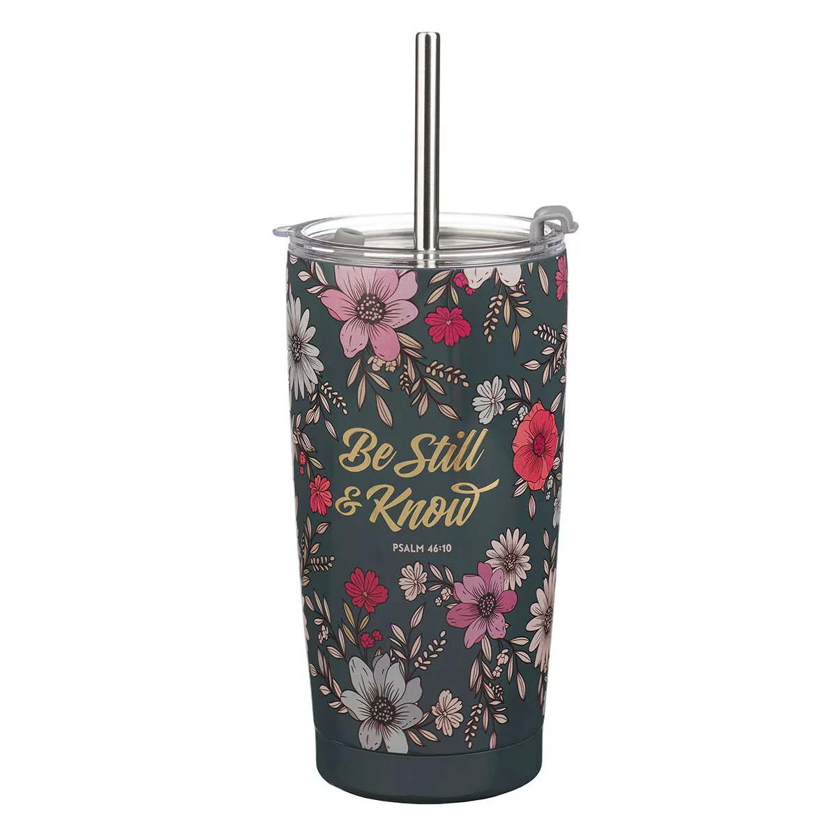 Be Still Teal Botanical Stainless Steel Tumbler With Reusable Straw – Psalm 46:10