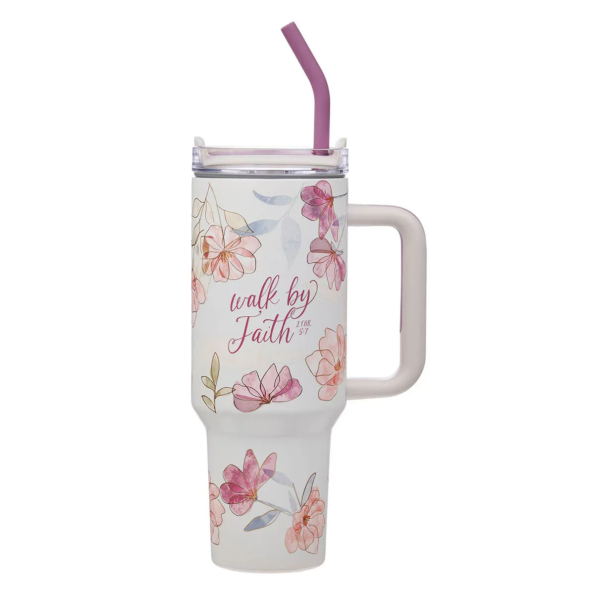Walk by Faith Pink Cosmos 40 oz Stainless Steel Tumbler with Straw – 2 Corinthians 5:7