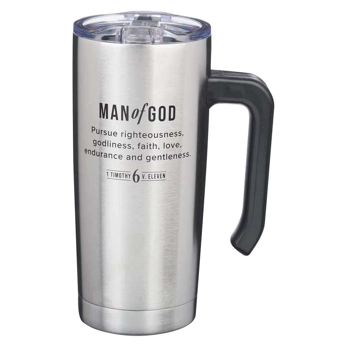 Man of God Stainless Steel Travel Mug with Handle – 1 Timothy 6:11