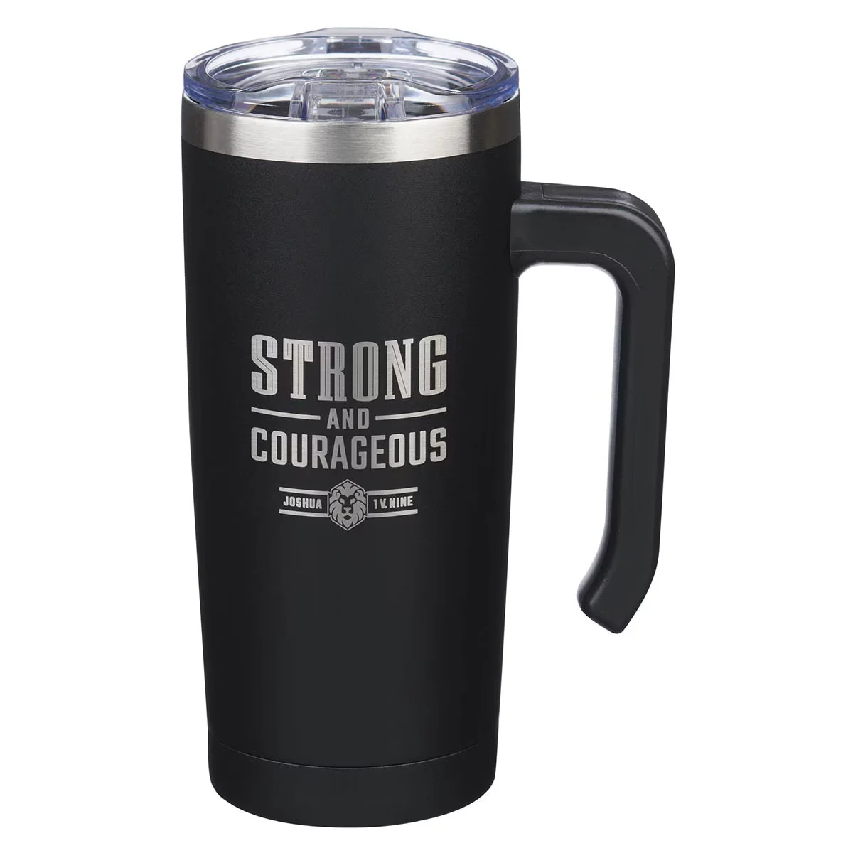 Strong and Courageous Black Stainless Steel Travel Mug with Handle – Joshua 1:9