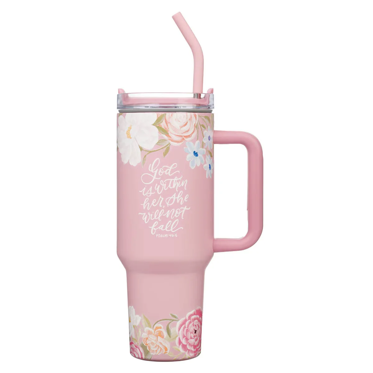 God is With Her Pink Floral 40 oz Stainless Steel Tumbler with Straw