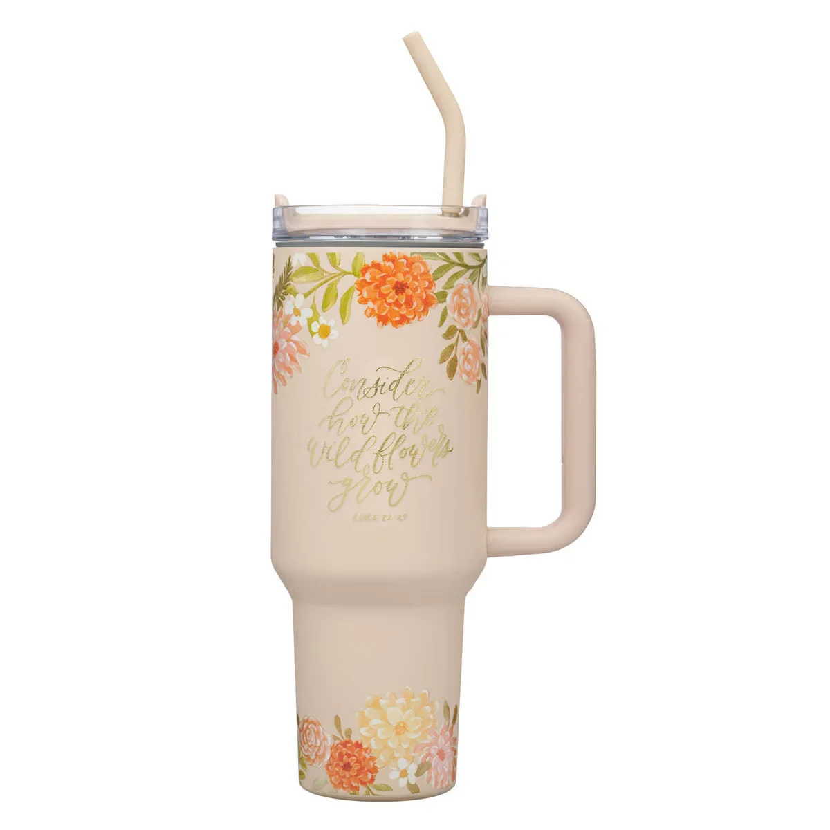 Consider the Wildflowers 40 oz Peach Stainless Steel Tumbler with Straw – Luke 12:27