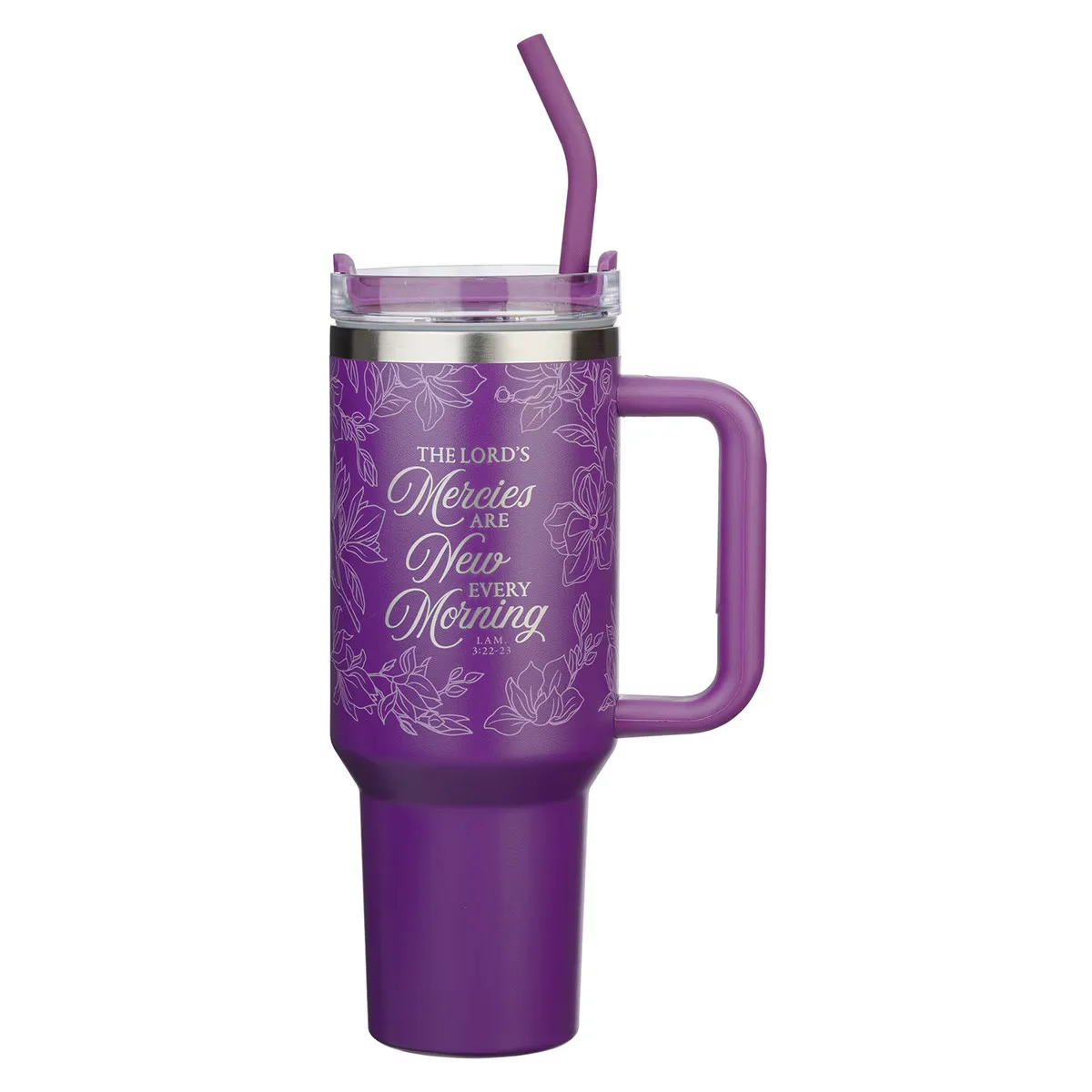 New Mercies Purple Floral 40 oz Stainless Steel Tumbler with Straw – Lamentations 3:22-23